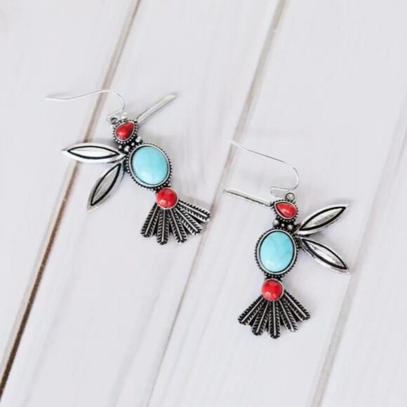 NEW Silver Plated Turquoise Blue and Red Stone Hummingbird Drop Earrings - Picture 3 of 4